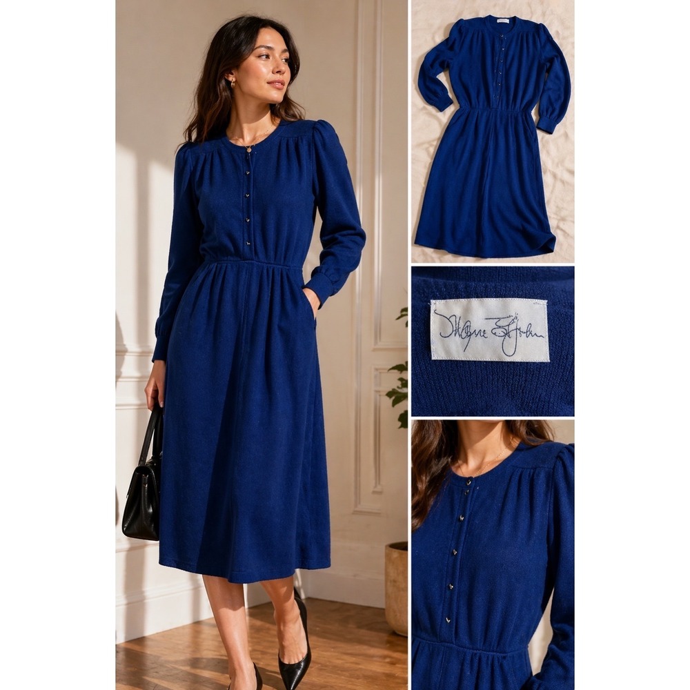Wayne John Knit Midi Dress Womens Small Royal Blue Excellent Vintage Puff Sleeve